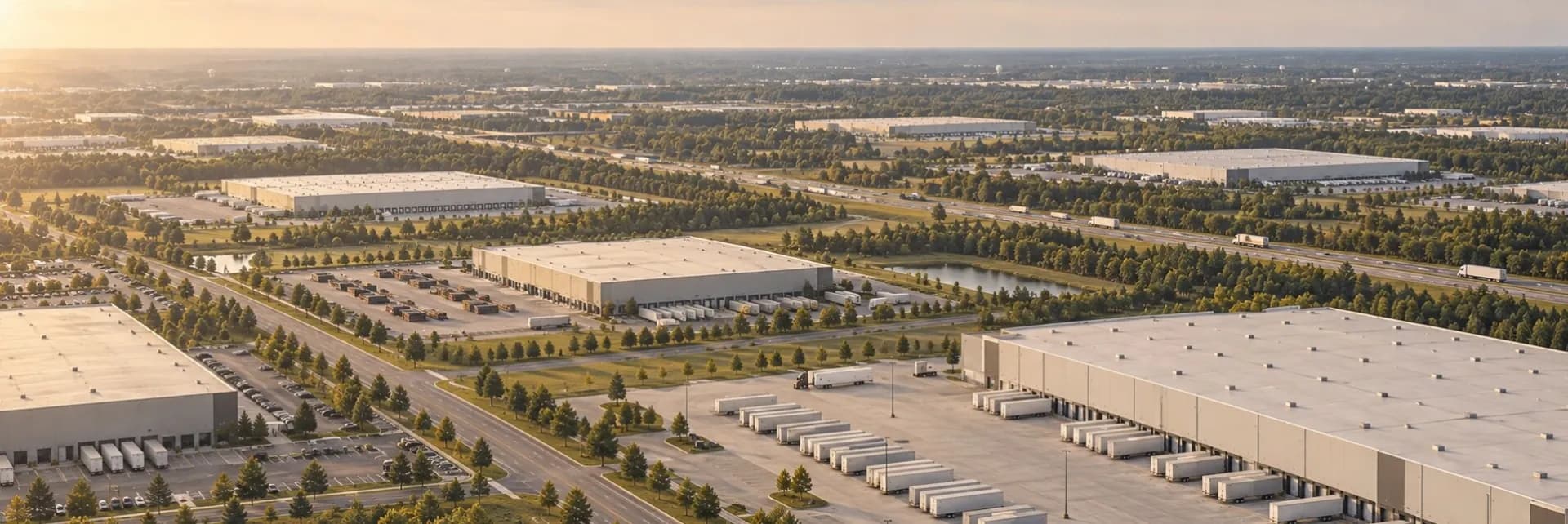 Aerial view of an industrial distribution park at golden hour